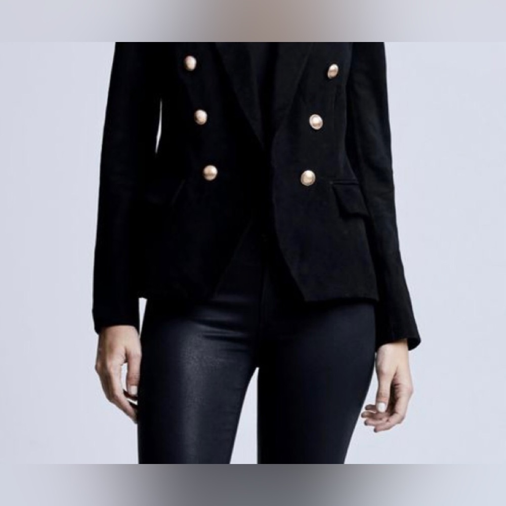 L’agence Women’s Black Suede Kenzie Sz 12 Double-Breasted Blazer Gold Buttons